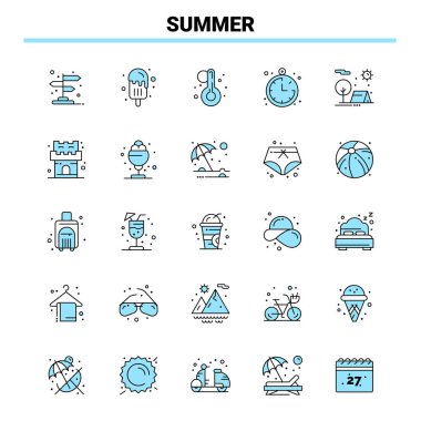 25 Yaz Siyah ve Mavi ikon Seti. Yaratıcı Simge Tasarımı ve logo şablonu