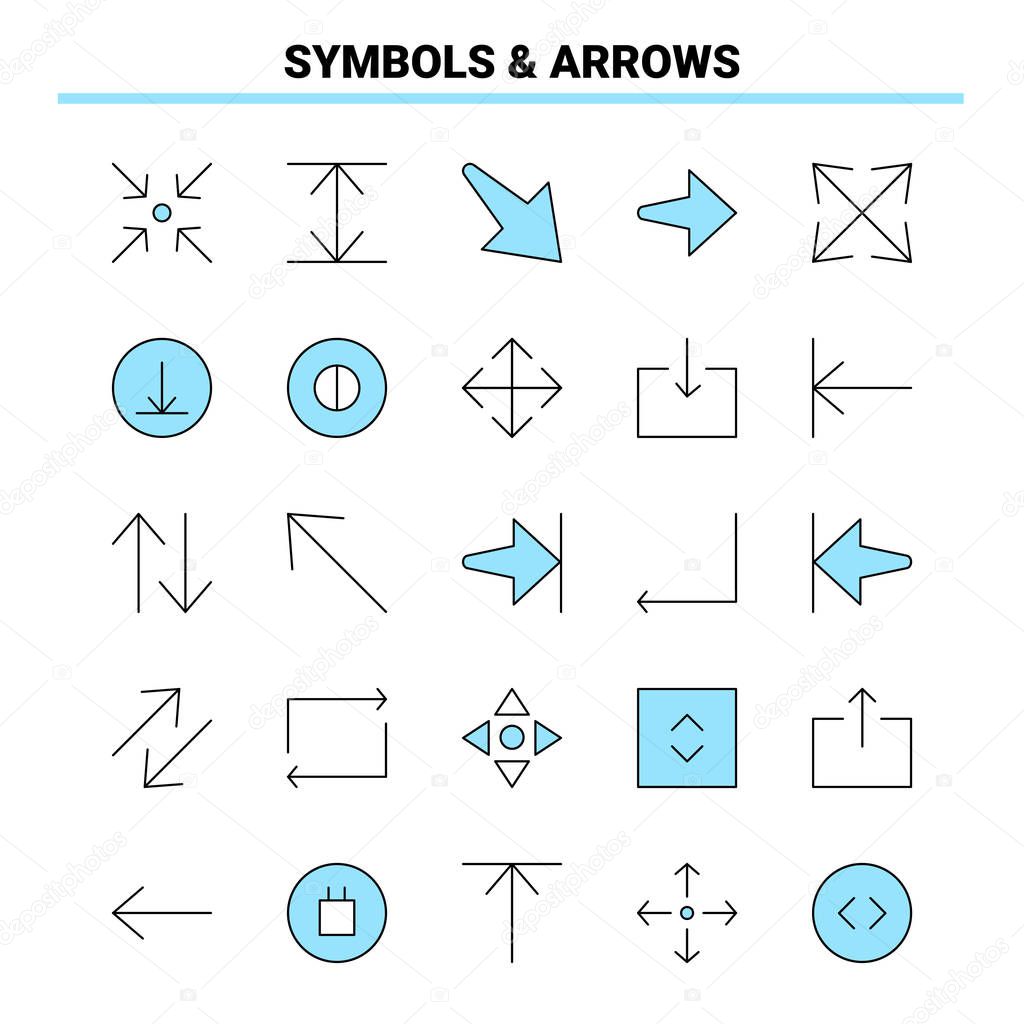 25 Symbols & Arrows Black and Blue icon Set. Creative Icon Design and logo template