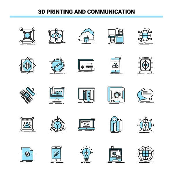 25 3d Printing And Communication Black and Blue icon Set. Creati — Stockový vektor