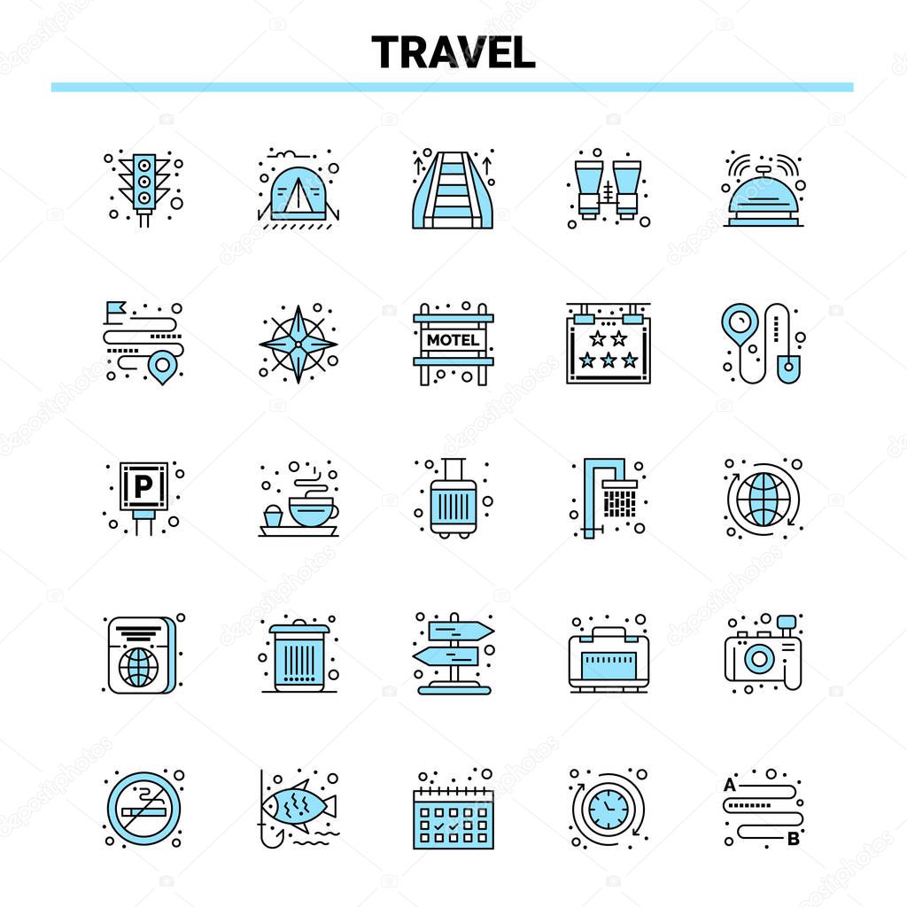 25 Travel Black and Blue icon Set. Creative Icon Design and logo