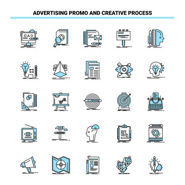 25 Reklam ve Yaratıcı Süreç Siyah ve Mavi ikon Seti. Yaratıcı Simge Tasarımı ve logo şablonu