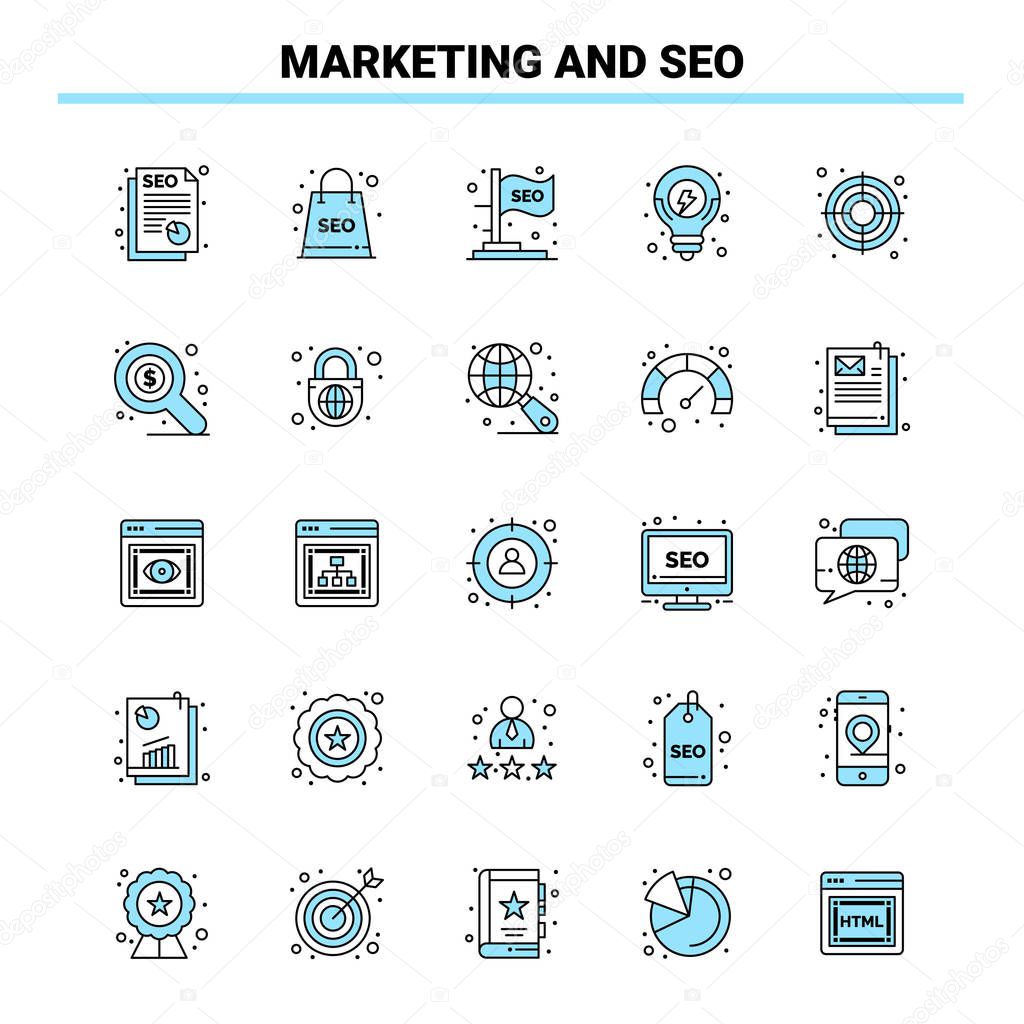 25 Marketing And Seo Black and Blue icon Set. Creative Icon Desi