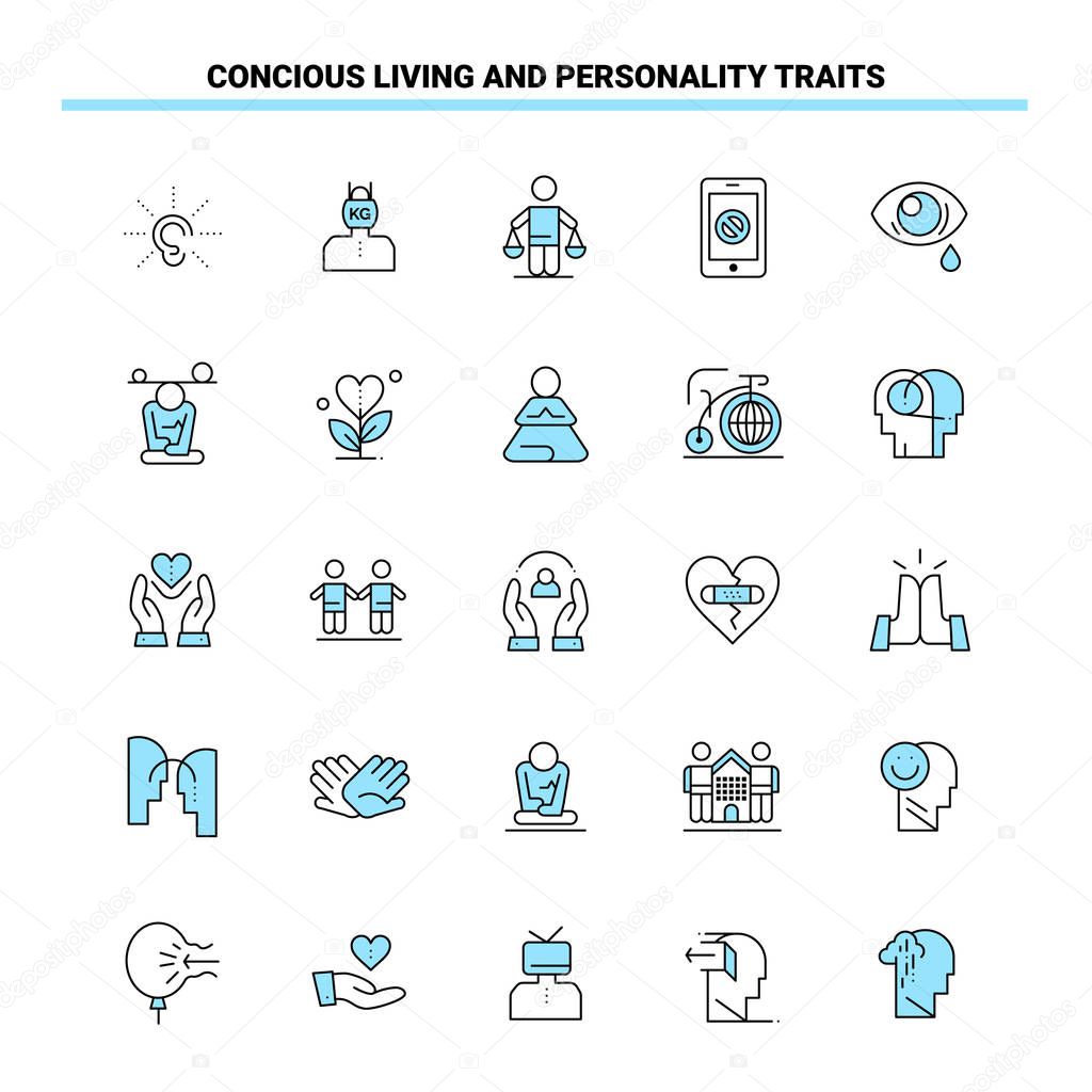 25 Concious Living And Personality Traits Black and Blue icon Set. Creative Icon Design and logo template