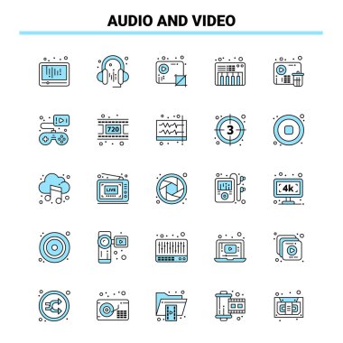25 Ses ve Video Siyah ve Mavi simge seti. Yaratıcı Simge Tasarımı ve logo şablonu