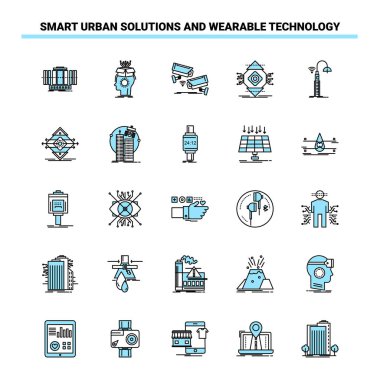 25 Akıllı Şehir Çözümü ve Giyilebilir Teknoloji Siyah ve Mavi ikon Seti. Yaratıcı Simge Tasarımı ve logo şablonu