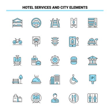 25 Hotel services And City Elements Black and Blue icon Set. Cre