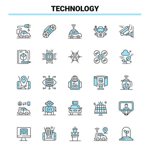 25 Technologie Ensemble d'icônes noir et bleu. Conception d'icônes créatives et — Image vectorielle