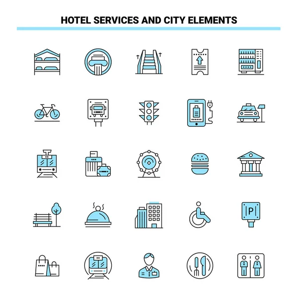 25 Servicios del hotel Y Elementos de la ciudad Conjunto de iconos Negro y Azul. Cre — Archivo Imágenes Vectoriales