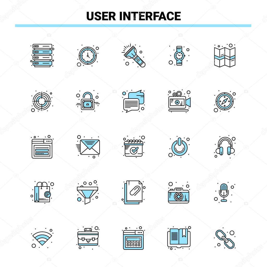 25 User Interface Black and Blue icon Set. Creative Icon Design 