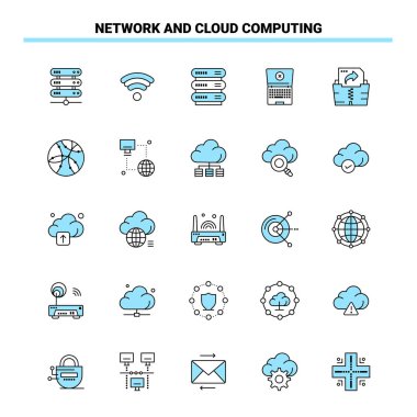 25 Network And Cloud Computing Black and Blue icon Set. Creative