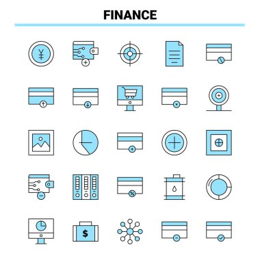 25 Finans Siyah ve Mavi ikon seti. Yaratıcı Simge Tasarımı ve Günlük Kaydı