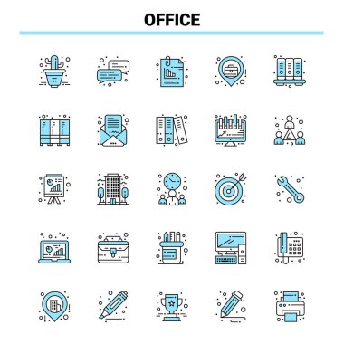25 Ofis Siyah ve Mavi ikon seti. Yaratıcı Simge Tasarımı ve logosu