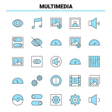 25 Multimedya Siyah ve Mavi simge seti. Yaratıcı Simge Tasarımı ve logo şablonu