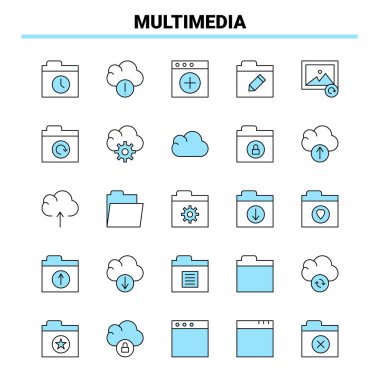 25 Multimedya Siyah ve Mavi simge seti. Yaratıcı Simge Tasarımı ve 