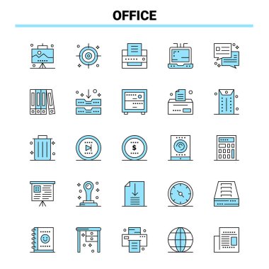 25 Ofis Siyah ve Mavi ikon seti. Yaratıcı Simge Tasarımı ve logosu