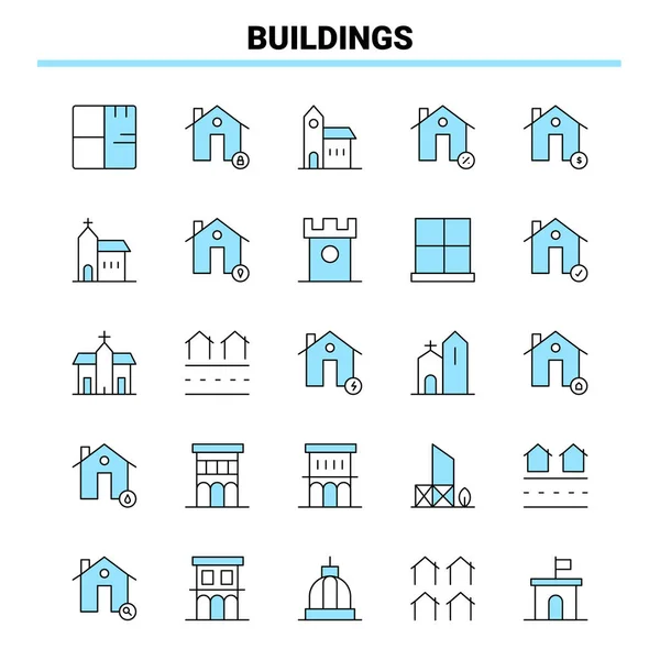 25 budynków Czarno-niebieski zestaw ikon. Kreatywny projekt ikony i l — Wektor stockowy