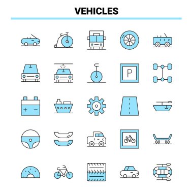 25 Araç Siyah ve Mavi simge seti. Yaratıcı Simge Tasarımı ve lo
