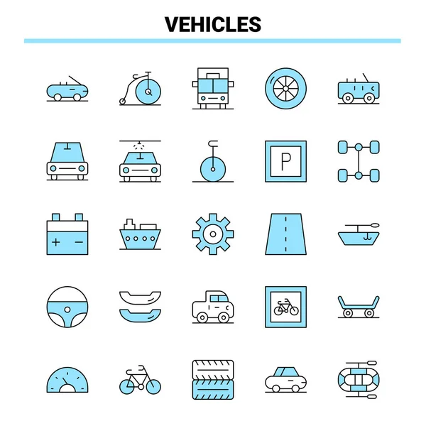 25 Fahrzeuge schwarz-blaues Symbol-Set. Kreatives Icon Design und Lo — Stockvektor