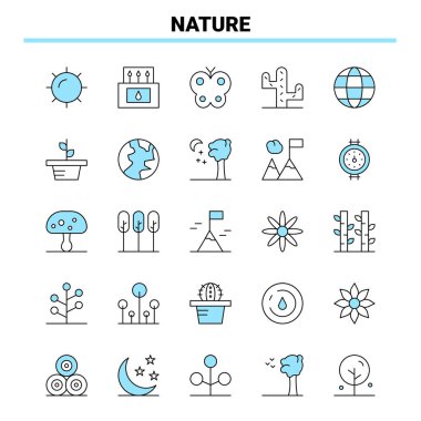 25 Doğa Siyah ve Mavi ikon Seti. Yaratıcı Simge Tasarımı ve logosu
