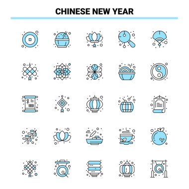 25 Çin Yeni Yılı Siyah ve Mavi ikon seti. Yaratıcı Simge Tasarımı ve logo şablonu