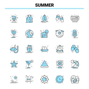 25 Yaz Siyah ve Mavi ikon Seti. Yaratıcı Simge Tasarımı ve logo şablonu