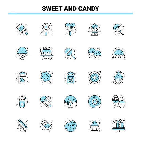 25 Dulce y caramelo negro y azul icono conjunto. Diseño creativo de iconos — Archivo Imágenes Vectoriales