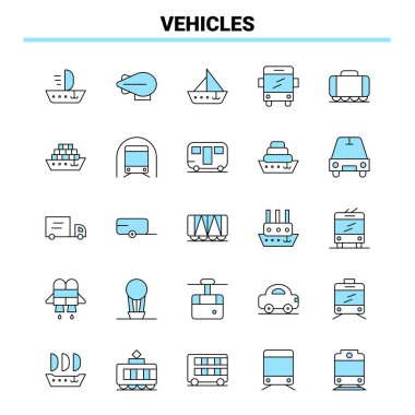 25 Araç Siyah ve Mavi simge seti. Yaratıcı Simge Tasarımı ve logo şablonu