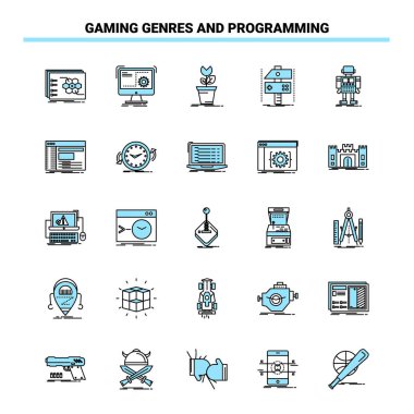 25 Gaming Genres And Programming Black and Blue icon Set. Creati