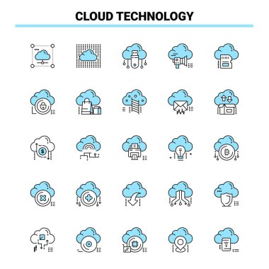 25 Cloud Technology Siyah ve Mavi ikon seti. Yaratıcı Simge Tasarımı ve logo şablonu
