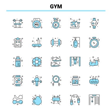 25 Spor Salonu Siyah ve Mavi ikon Seti. Yaratıcı Simge Tasarımı ve logo şablonu