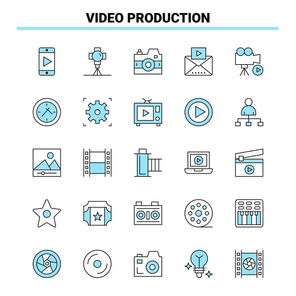 25 Video Prodüksiyon Siyah ve Mavi ikon Seti. Yaratıcı Simge Tasarımı
