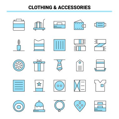 25 Giyim ve Aksesuar Siyah ve Mavi ikon Seti. Yaratıcı Simge