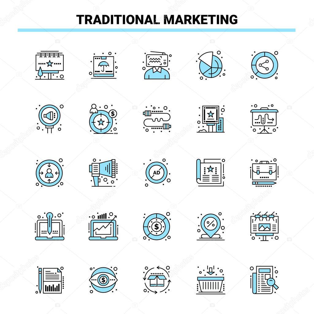 25 Traditional Marketing Black and Blue icon Set. Creative Icon 