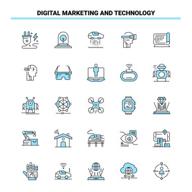 25 Dijital Pazarlama ve Teknoloji Siyah ve Mavi ikon Seti. Yaratıcı Simge Tasarımı ve logo şablonu
