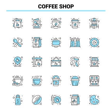 25 Kahve Dükkanı Siyah ve Mavi ikon seti. Yaratıcı Simge Tasarımı ve