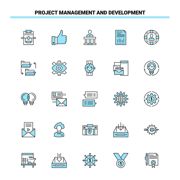 25 Proje Yönetimi ve Geliştirme Siyah ve Mavi simge kümesi. Yaratıcı Simge Tasarımı ve logo şablonu
