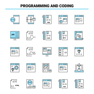 25 Programlama ve Kodlama Siyah ve Mavi simge seti. Yaratıcı Simge Tasarımı ve logo şablonu
