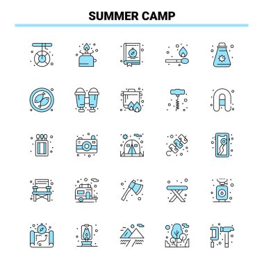 25 Yaz Kampı Siyah ve Mavi ikon seti. Yaratıcı Simge Tasarımı ve logo şablonu