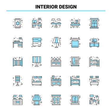 25 İç Tasarım Siyah ve Mavi ikon Seti. Yaratıcı Simge Tasarımı