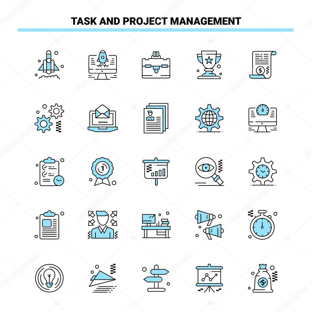 25 Task and Project Management Black and Blue icon Set. Creative Icon Design and logo template