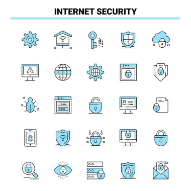 25 İnternet Güvenliği Siyah ve Mavi simge seti. Yaratıcı Simge Tasarımı ve logo şablonu