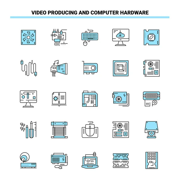 25视频制作和计算机硬件 黑色和蓝色图标集 创意图标设计和标识模板 — 图库矢量图片