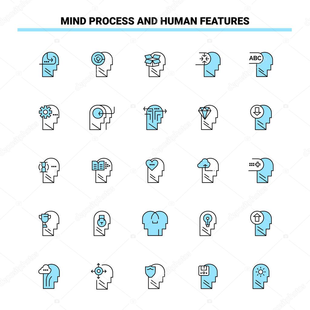 25 Mind Process And Human Features Black and Blue icon Set. Crea