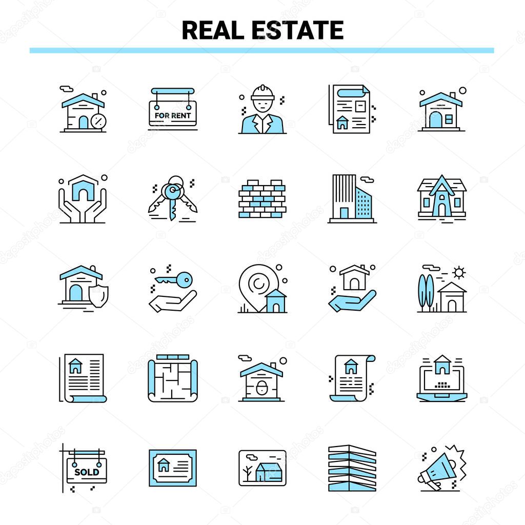 25 Real Estate Black and Blue icon Set. Creative Icon Design and