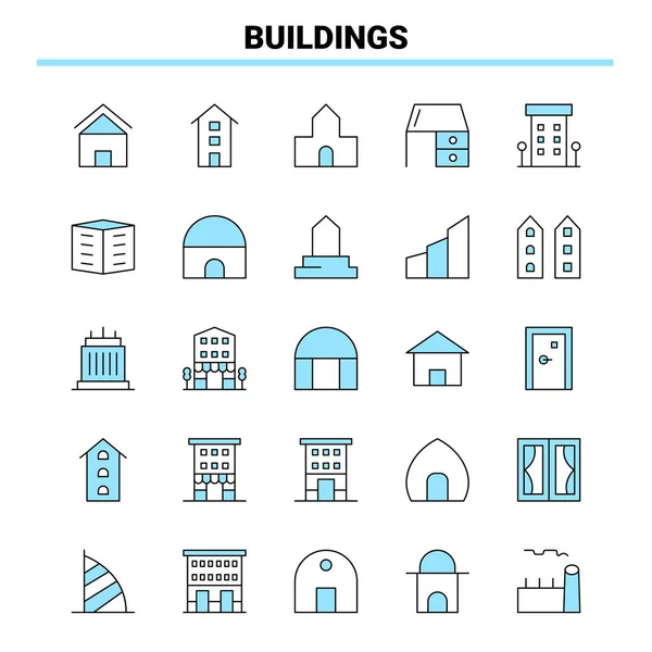 25 Здания Черно-синий набор значков. Креативный дизайн икон и l — стоковый вектор