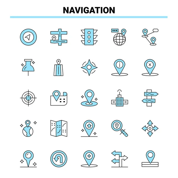 25 Navigatie Zwart en Blauw pictogram Set. Creatief icoon ontwerp en — Stockvector