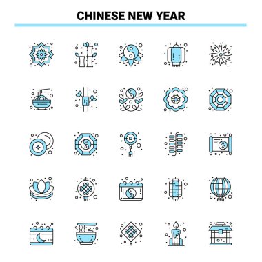 25 Çin Yeni Yılı Siyah ve Mavi ikon seti. Yaratıcı Simge Tasarımı