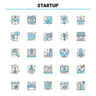 25 Başlangıç Siyah ve Mavi simge kümesi. Yaratıcı Simge Tasarımı ve Günlük Kaydı