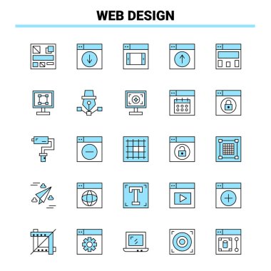 25 Web Tasarımı Siyah ve Mavi ikon Seti. Yaratıcı Simge Tasarımı ve logo şablonu