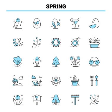 25 Spring Black and Blue ikon seti. Yaratıcı Simge Tasarımı ve logo şablonu